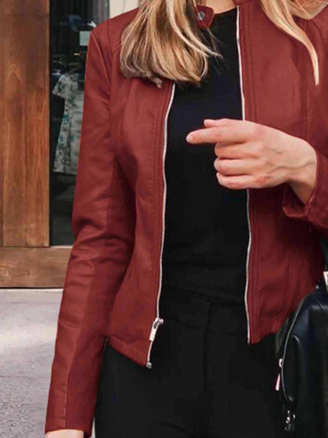 Mock Neck Zip Up Jacket | Casual Woman's Solid Polyester Spandex Jacket