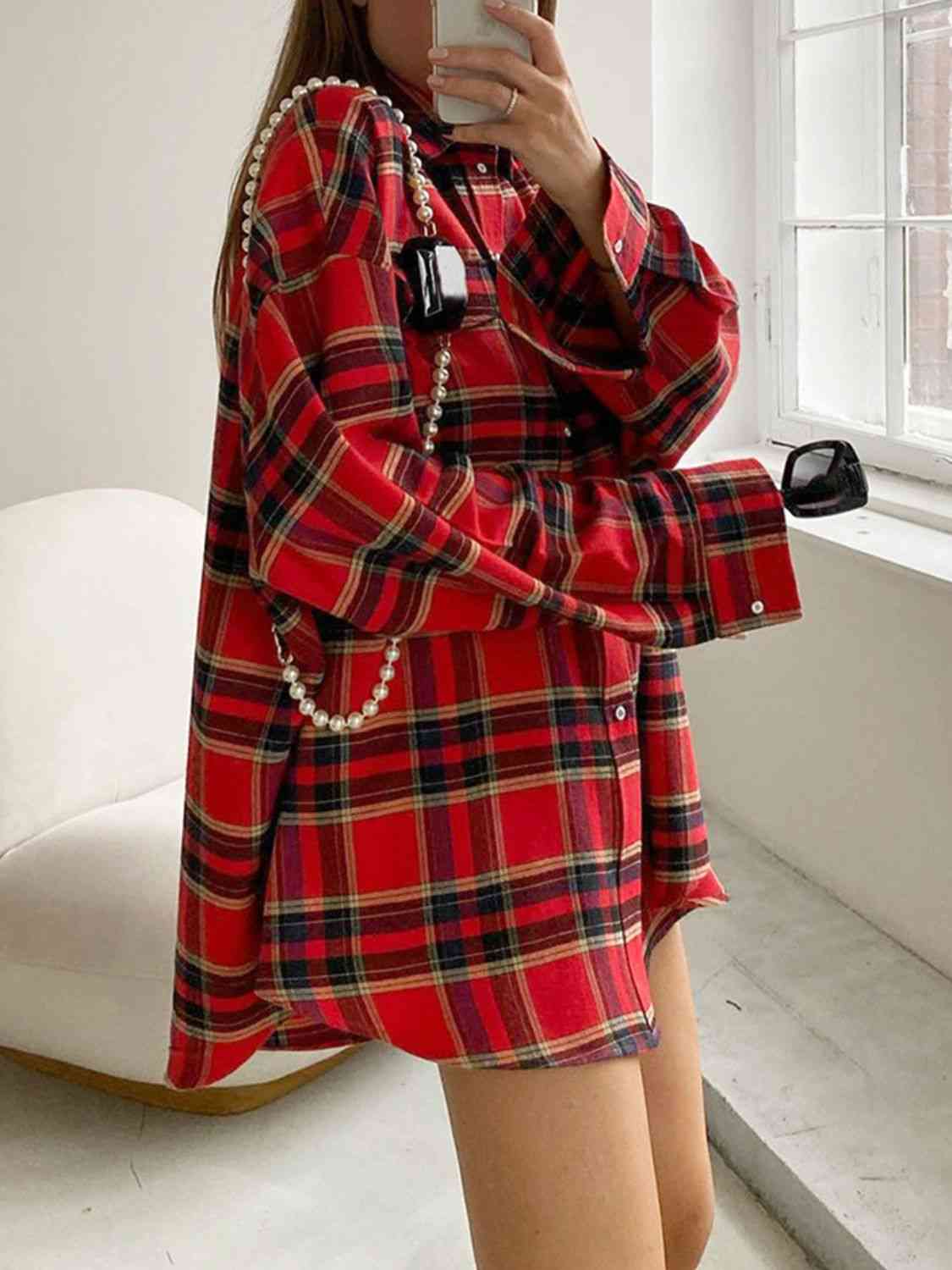 Drop Shoulder Plaid Shirt | Polyester Shirt With Button Closure & Collar Neck