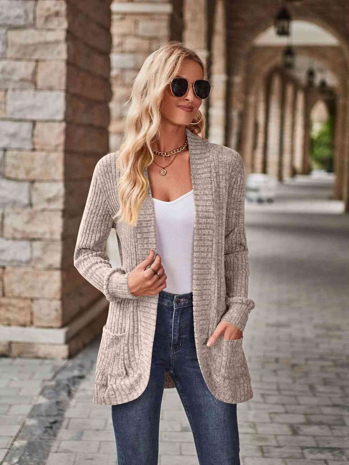 Open Front Cardigan with Pockets | Solid Casual Polyester Ribbed Cardigan