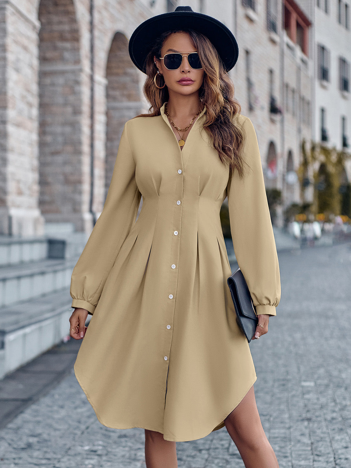Notched Neck Long Sleeve Dress | Casual Polyester Dress With Button Closure