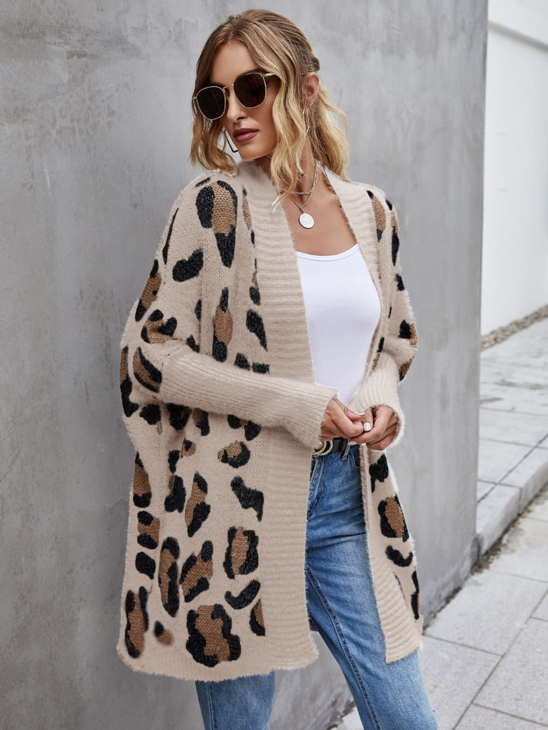 Leopard Pattern Fuzzy Cardigan | Ribbed Hem and Cuffs Leo Animal Print Cardigan