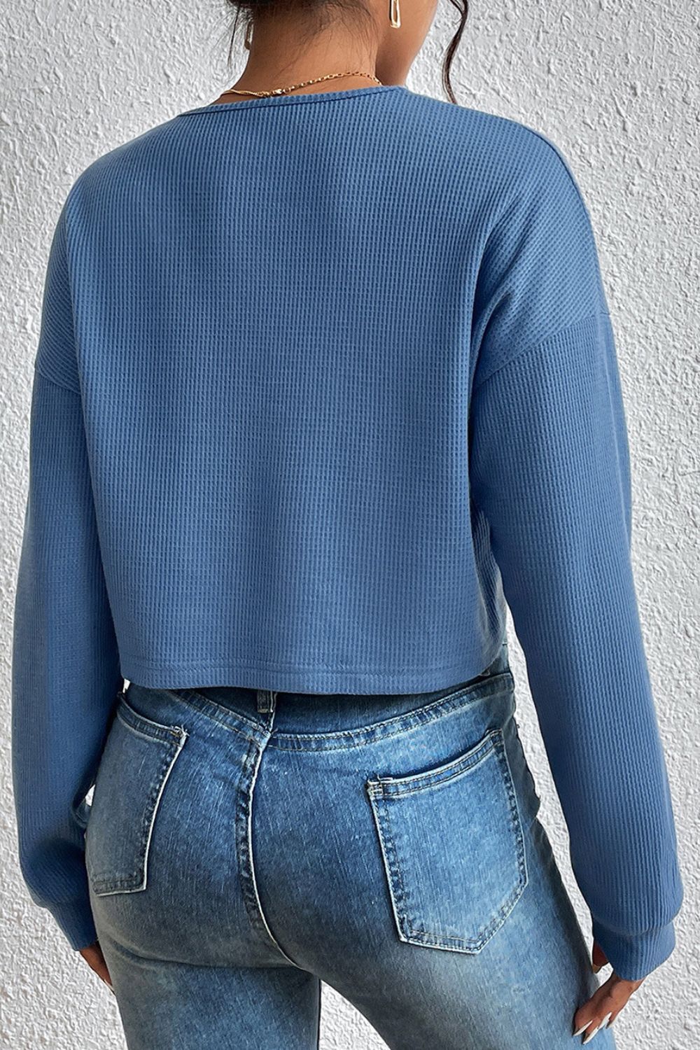 Cropped V-Neck Raglan Sleeve Buttoned Blouse | Polyester Blouse With Long Sleeve