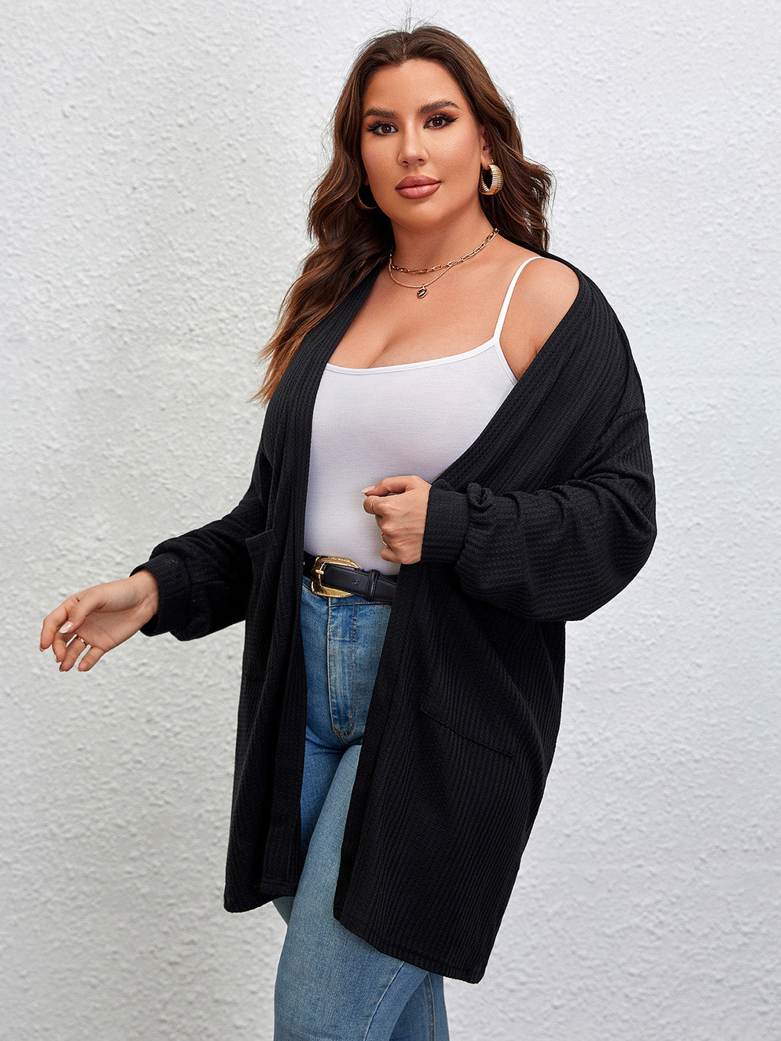 Plus Size Open Front Long Sleeve Cardigan | Casual Polyester Pocketed Cardigan