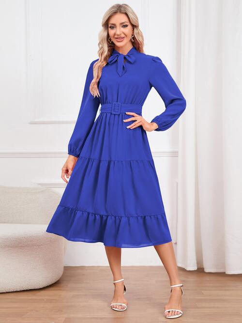Tie Neck Long Sleeve Tiered Dress | Midi Dress With Waistband & Neck Bow