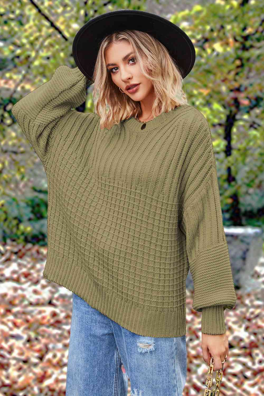 Round Neck Lantern Sleeve Sweater | Solid Acrylic Sweater With Ribbed Cuffs