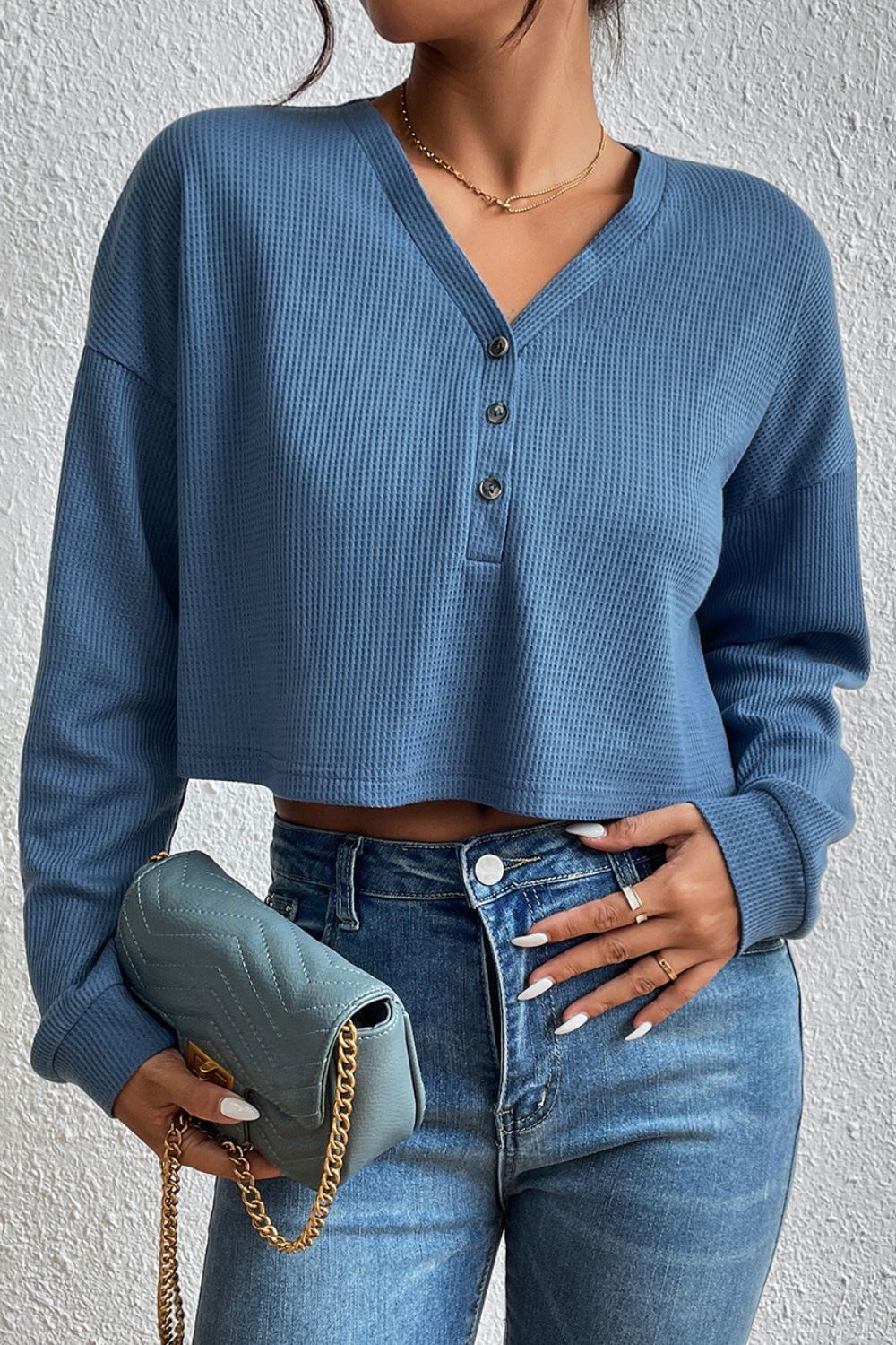 Cropped V-Neck Raglan Sleeve Buttoned Blouse | Polyester Blouse With Long Sleeve