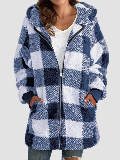 Plaid Zip Up Hooded Jacket with Pockets | Polyester Jacket With Cuffed Sleeves