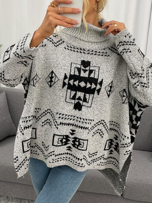 Geometric Turtleneck Long Sleeve Slit Sweater | Ribbed Neckline Acrylic Sweater