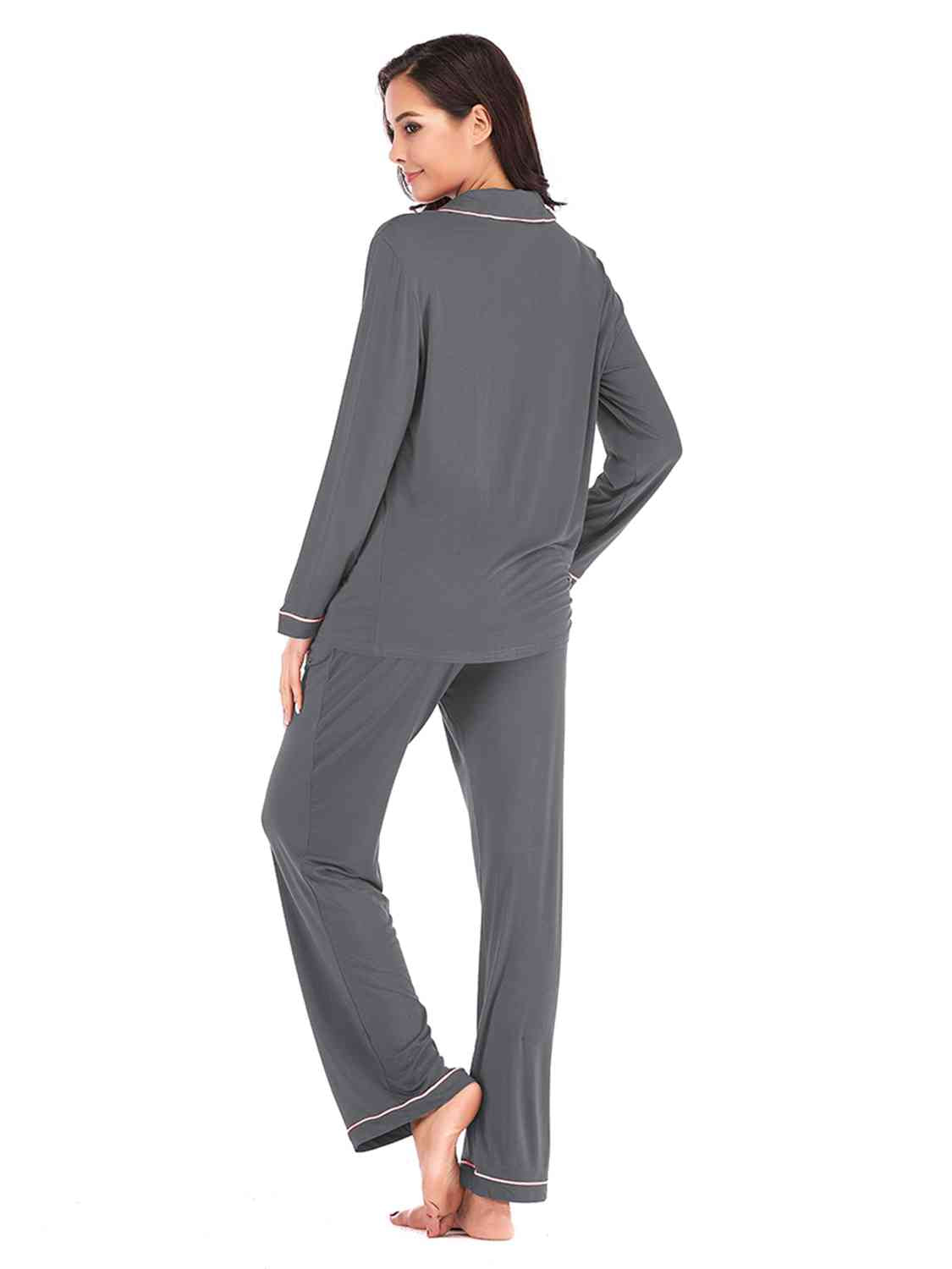 Collared Neck Long Sleeve Loungewear Set with Pockets | Stretchy Nylon Set
