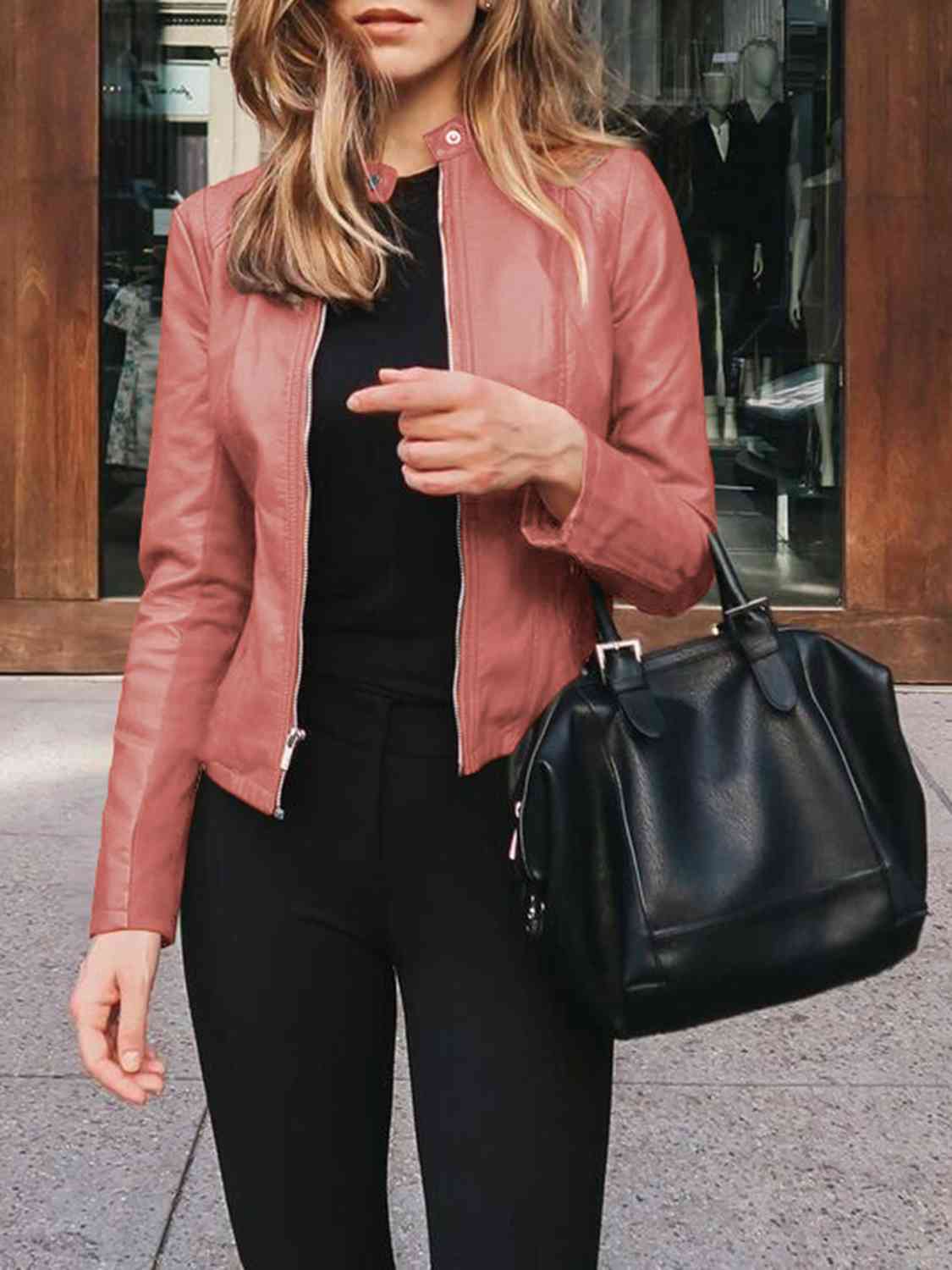 Mock Neck Zip Up Jacket | Casual Woman's Solid Polyester Spandex Jacket