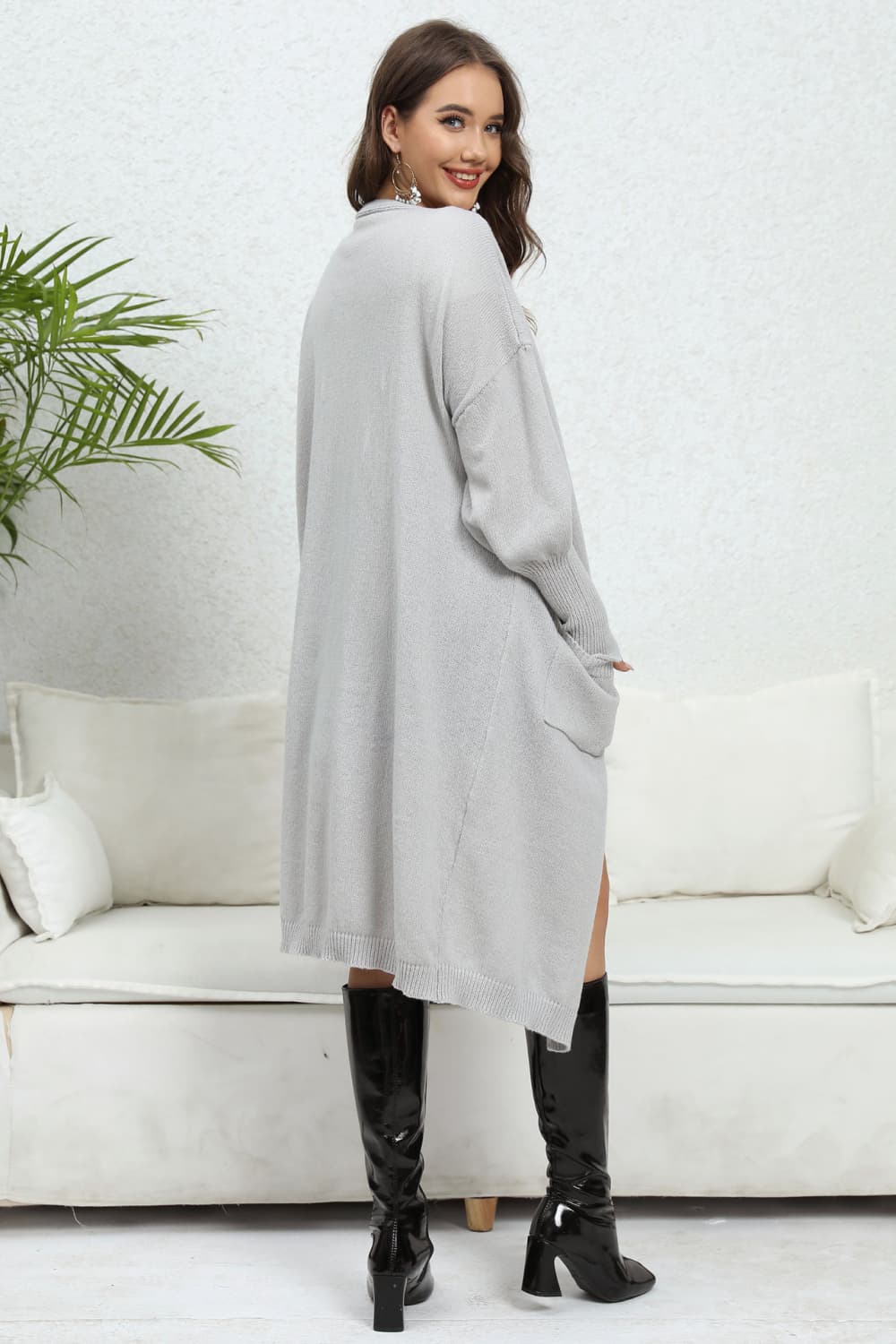 Open Front Dropped Shoulder Cardigan | Casual Polyester Cardigan With Pockets