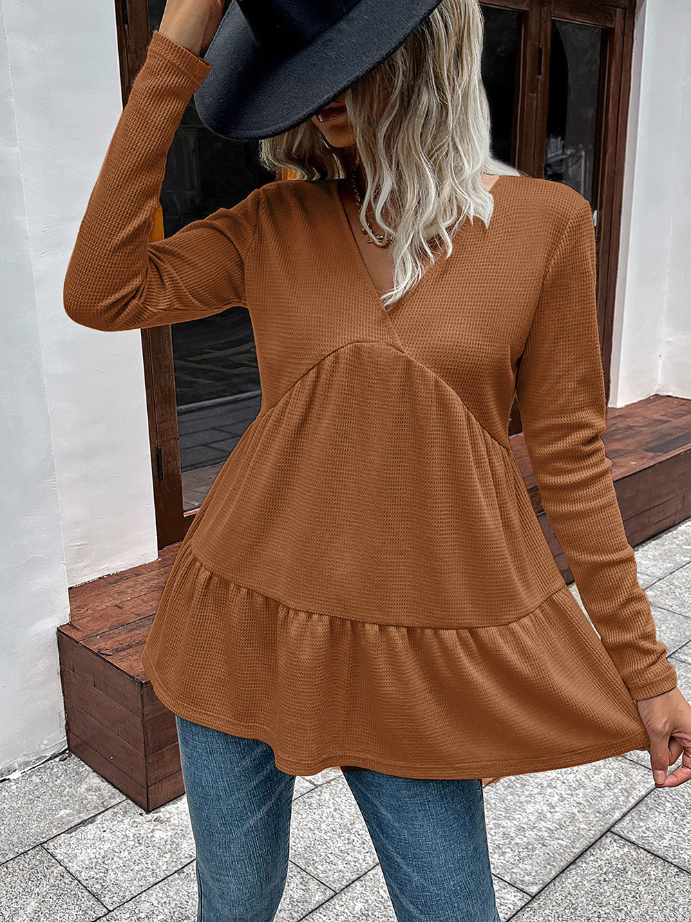 Waffle-knit V-Neck Long Sleeve Blouse | Long Solid Casual Polyester Blouse