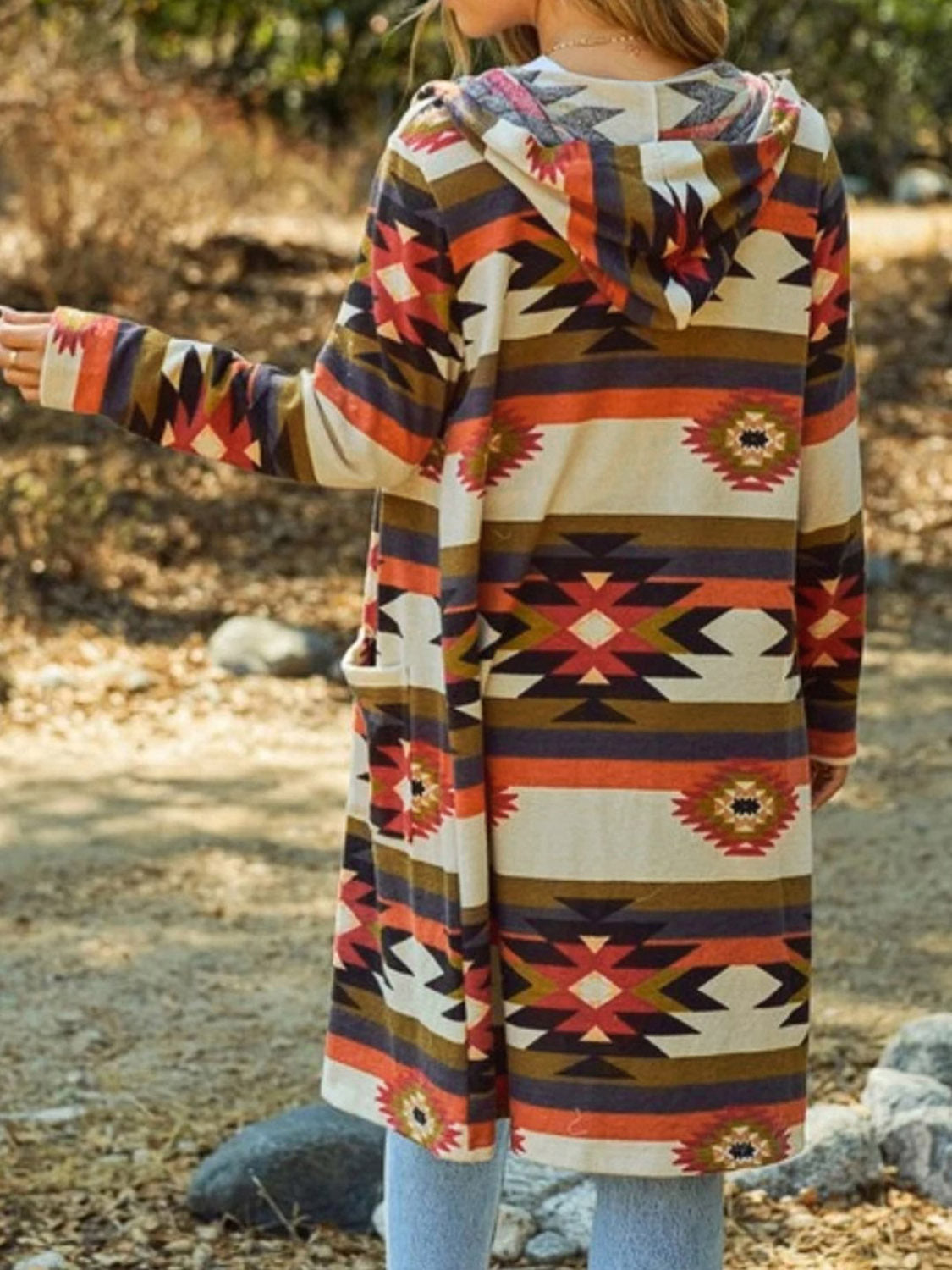 Geometric Hooded Cardigan with Pockets | Polyester Cardigan With Long Sleeves