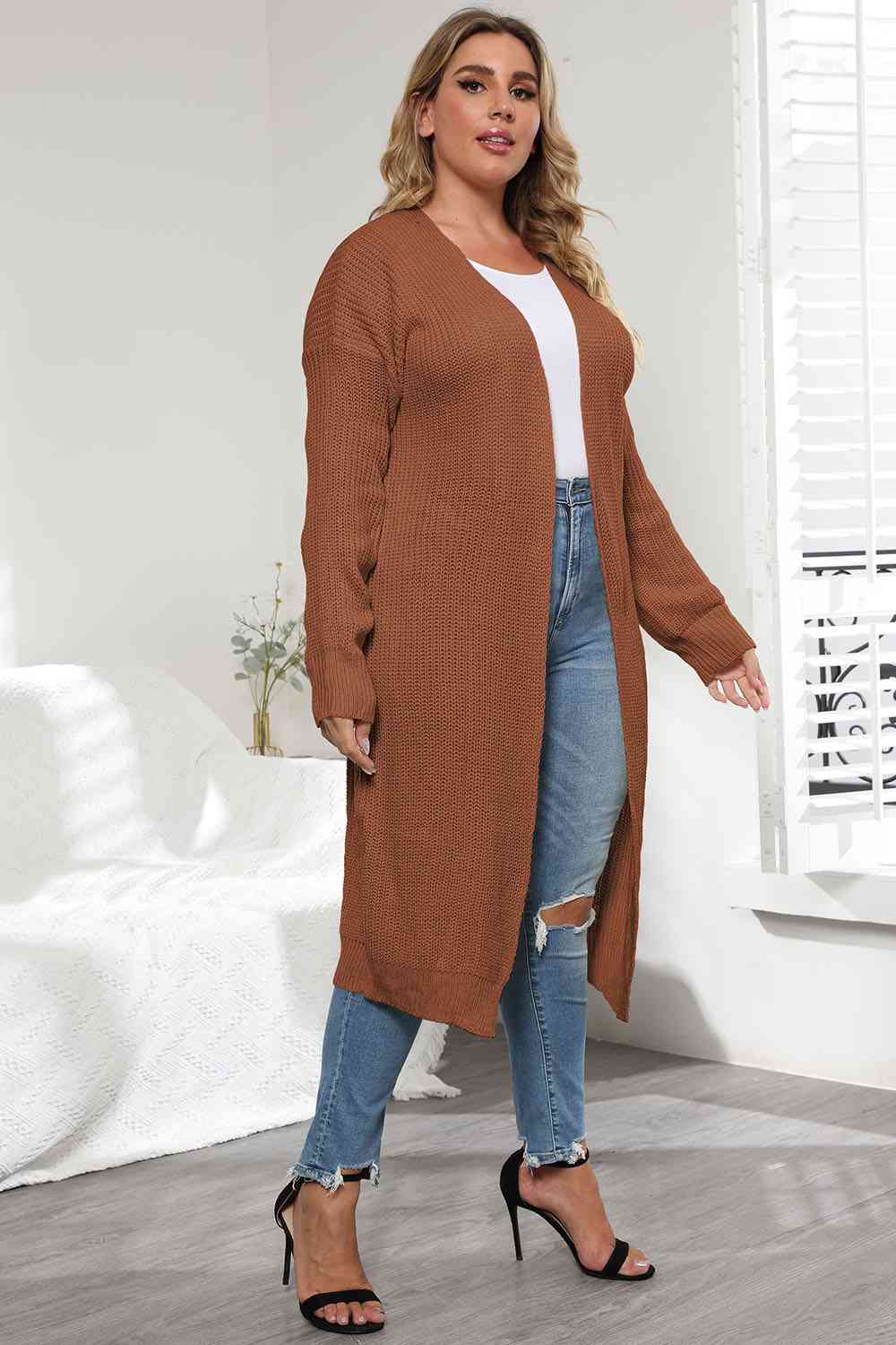 Plus Size Open Front Long Sleeve Cardigan | Casual Solid Long Acrylic Cardigan