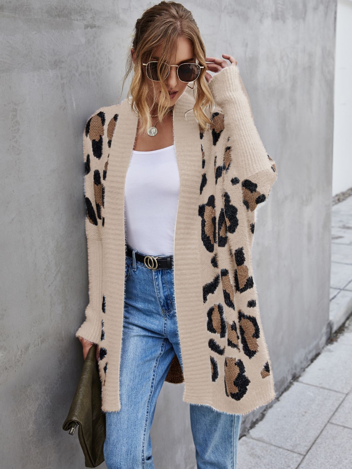 Leopard Pattern Fuzzy Cardigan | Ribbed Hem and Cuffs Leo Animal Print Cardigan