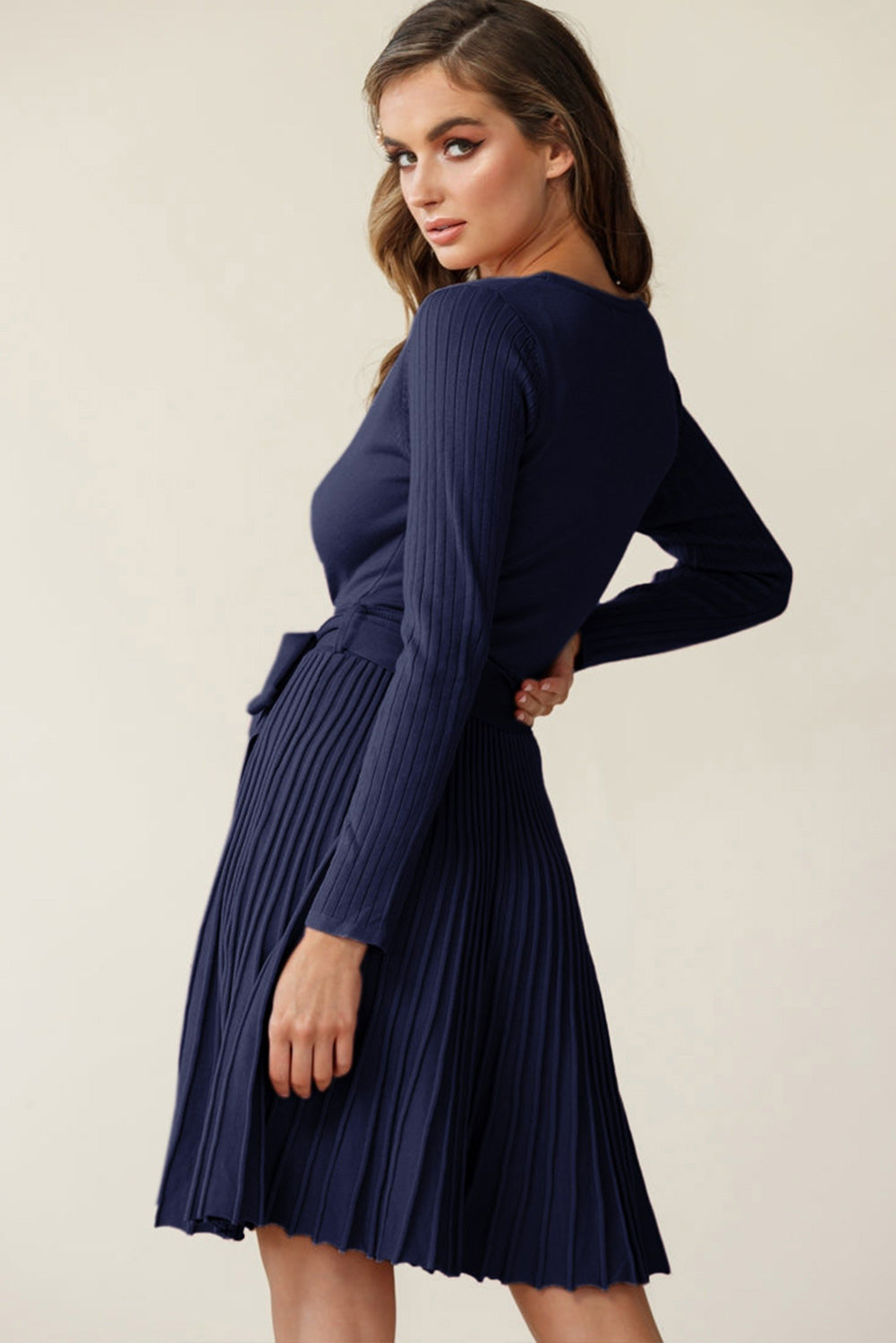 Surplice Neck Tie Waist Pleated Dress | Solid Viscose Dress With Long Sleeves