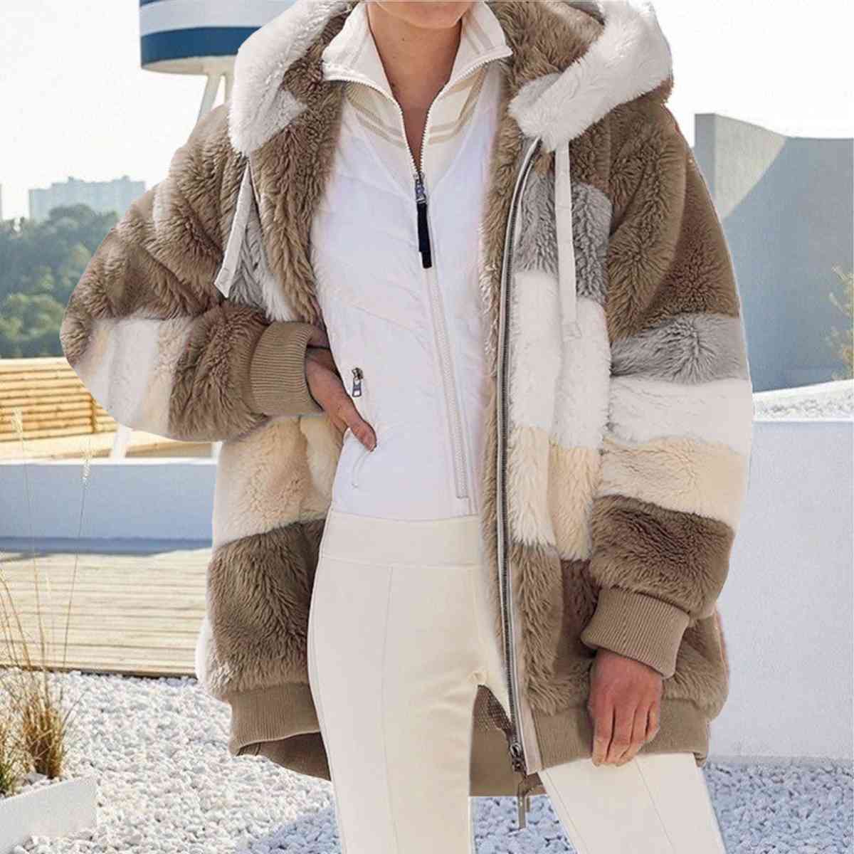 Color Block Zip-Up Hooded Jacket | Pocketed Polyester Jacket With Drawstring