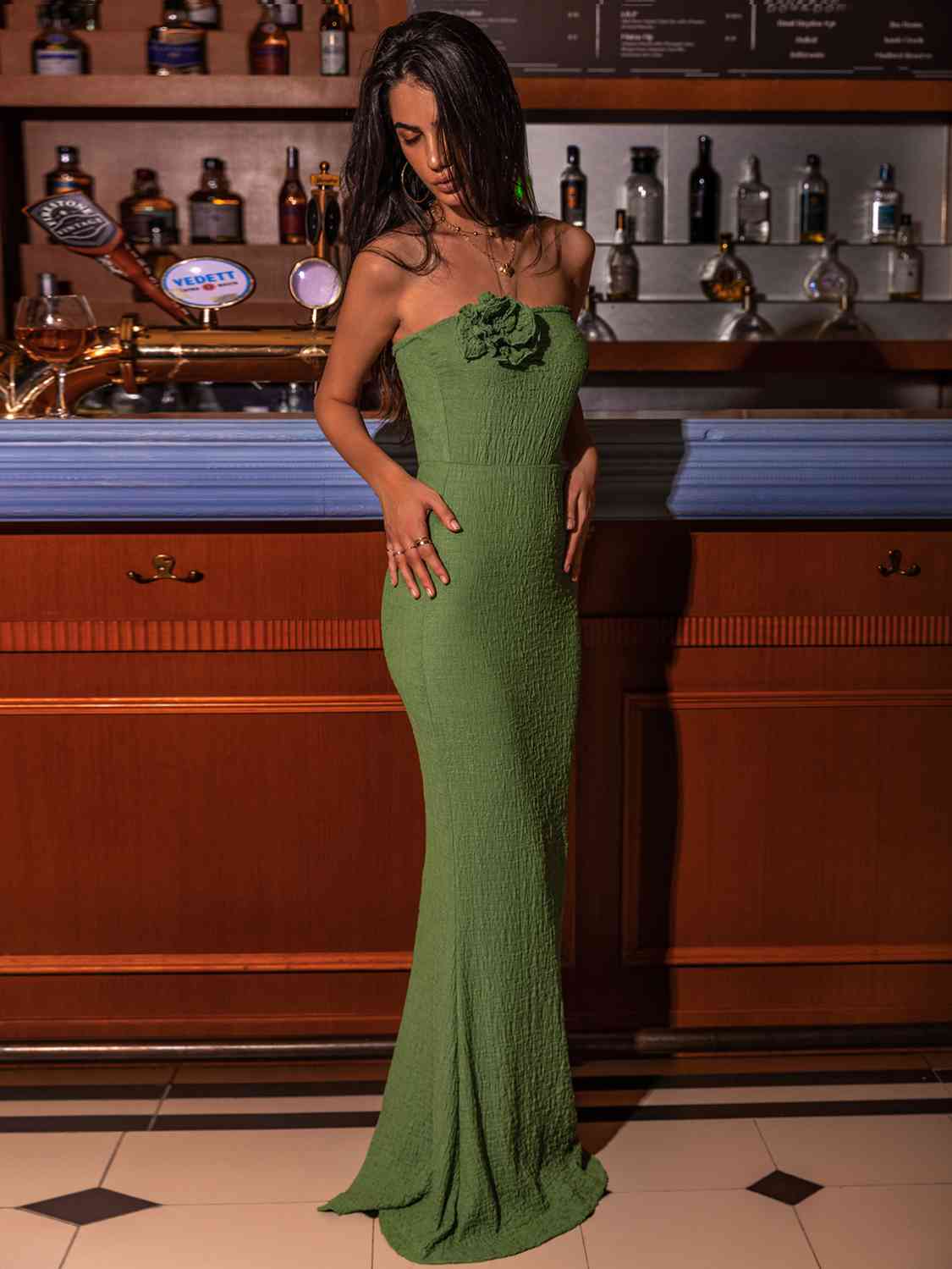 Flower Detail Strapless Slit Dress | Formal Maxi Solid Stretchy Sheath Dress