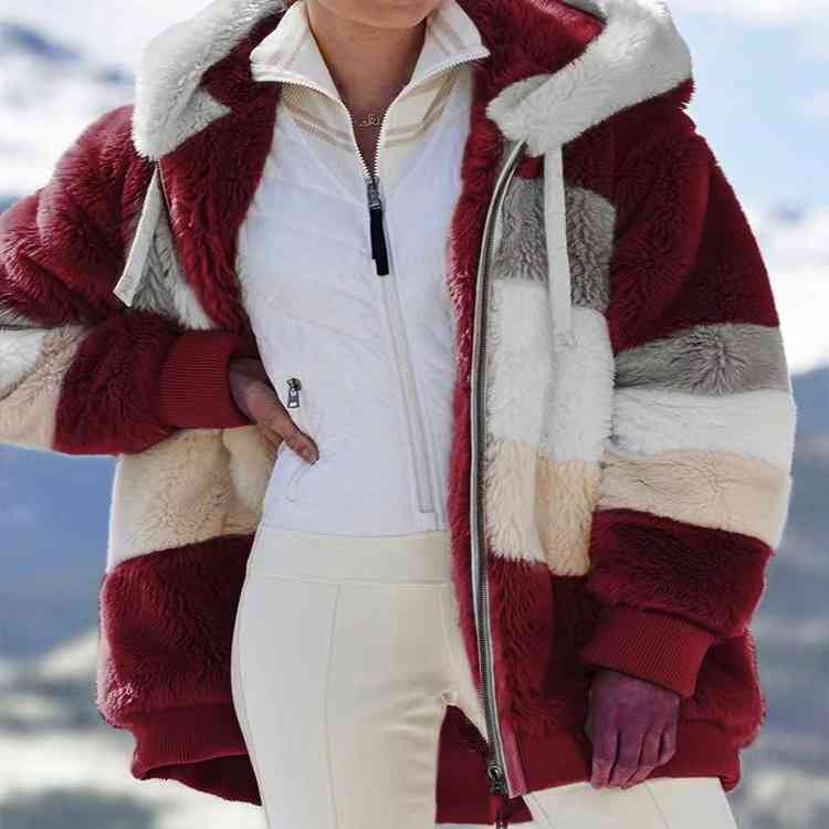 Color Block Zip-Up Hooded Jacket | Pocketed Polyester Jacket With Drawstring