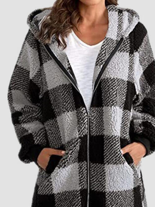 Plaid Zip Up Hooded Jacket with Pockets | Polyester Jacket With Cuffed Sleeves