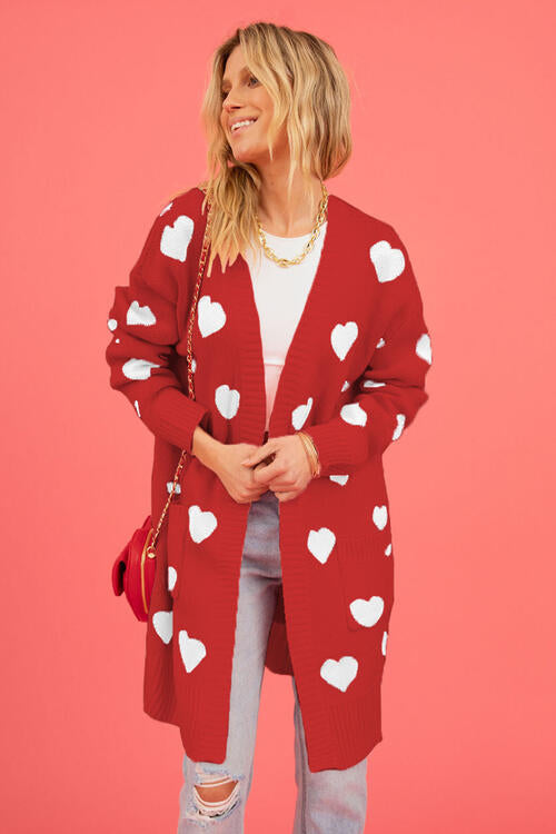 Heart Graphic Open Front Cardigan with Pockets | Cardigan With Ribbed Cuffs