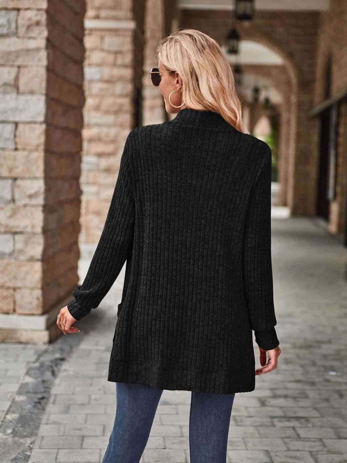 Open Front Cardigan with Pockets | Solid Casual Polyester Ribbed Cardigan