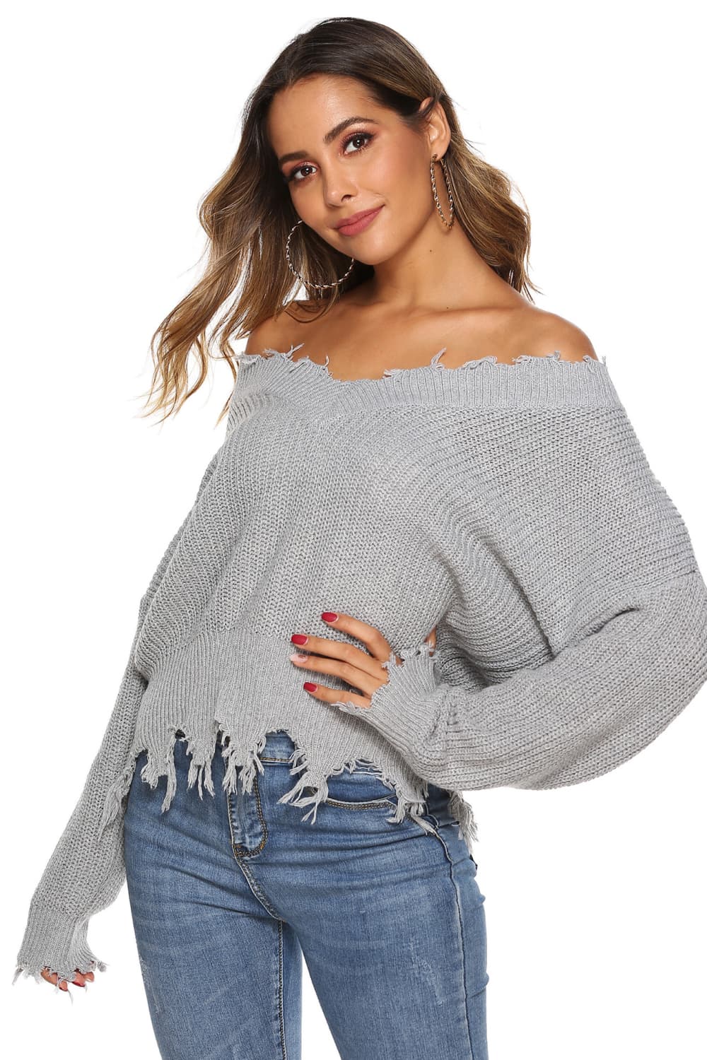 Off-Shoulder Ribbed Long Sleeve Raw Hem Sweater | Casual Polyester Sweater