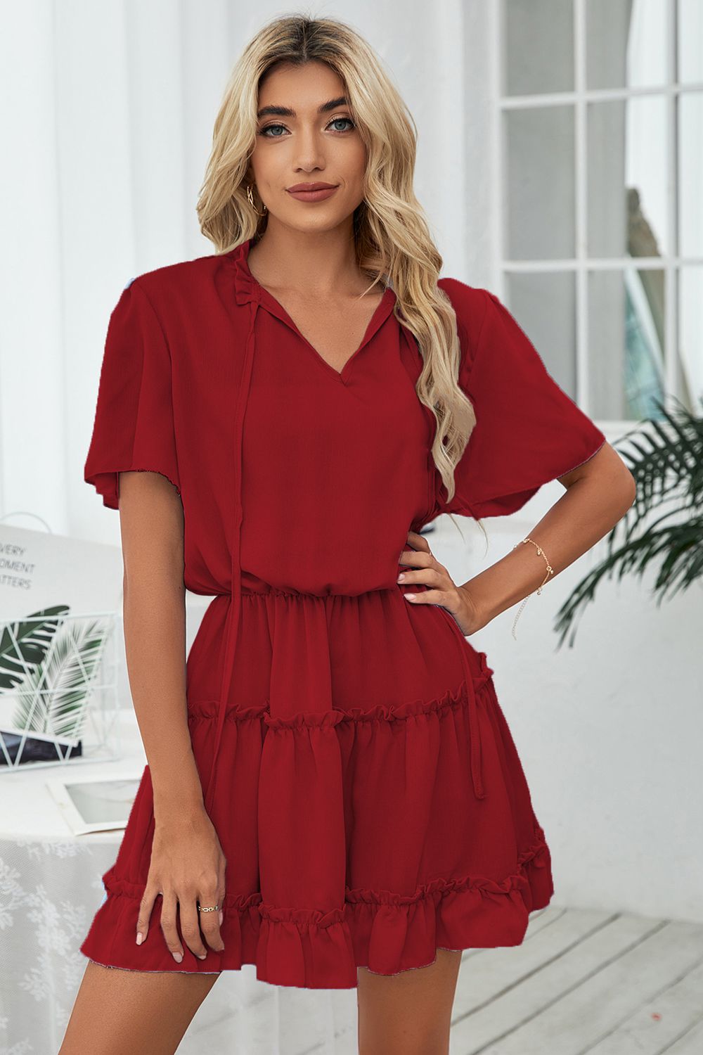 Tie Neck Frill Trim Short Sleeve Mini Dress | Mini Solid A-line Polyester Dress