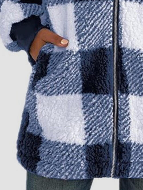 Plaid Zip Up Hooded Jacket with Pockets | Polyester Jacket With Cuffed Sleeves
