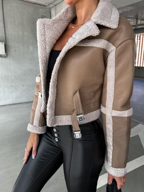 Collared Buckle Detail Jacket | Polyester Cropped Jackett With Straps