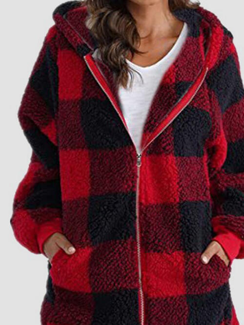 Plaid Zip Up Hooded Jacket with Pockets | Polyester Jacket With Cuffed Sleeves