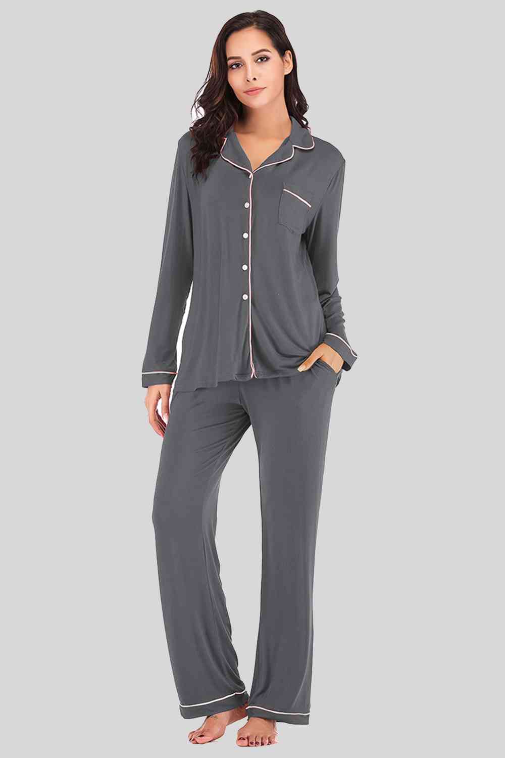 Collared Neck Long Sleeve Loungewear Set with Pockets | Stretchy Nylon Set