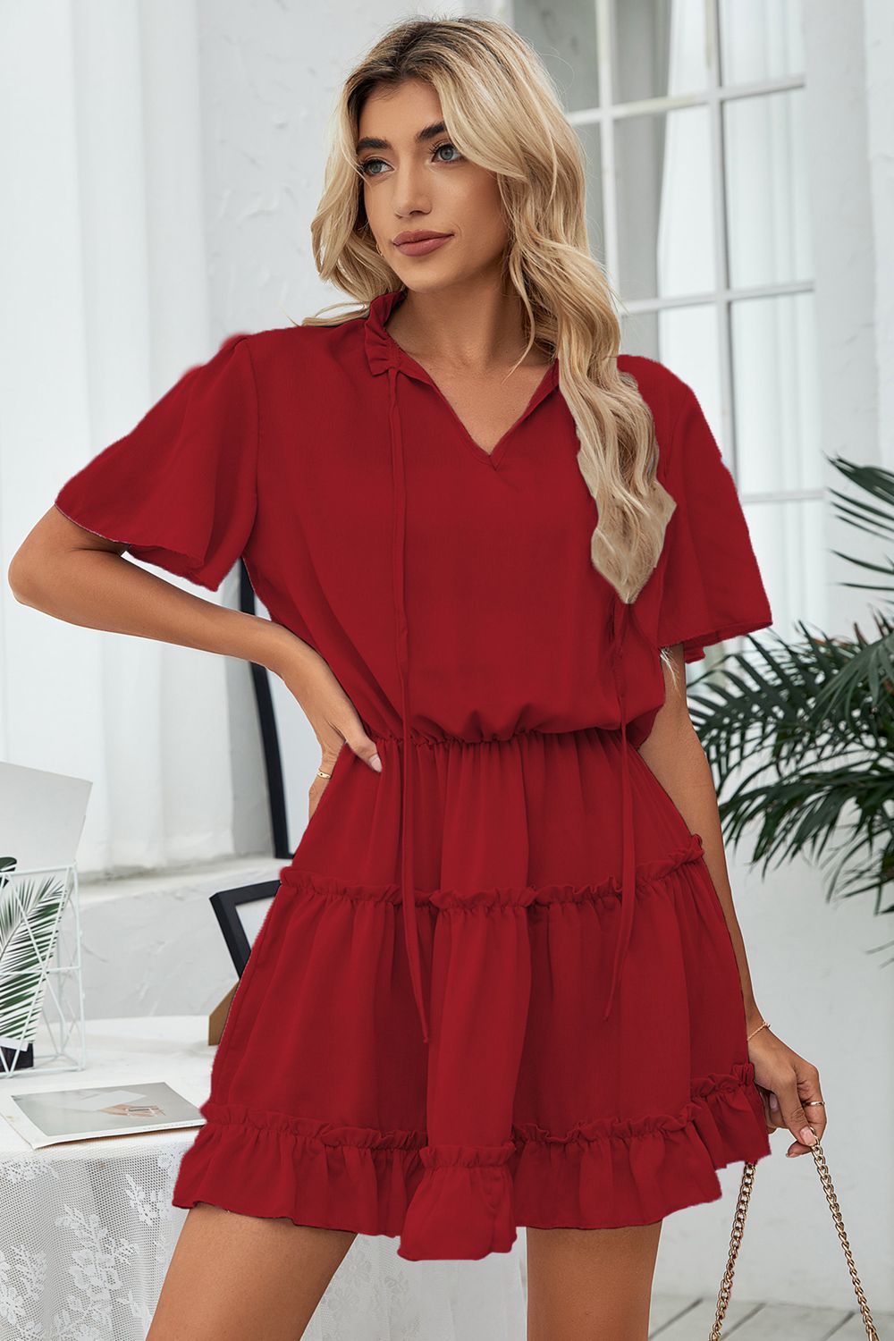 Tie Neck Frill Trim Short Sleeve Mini Dress | Mini Solid A-line Polyester Dress