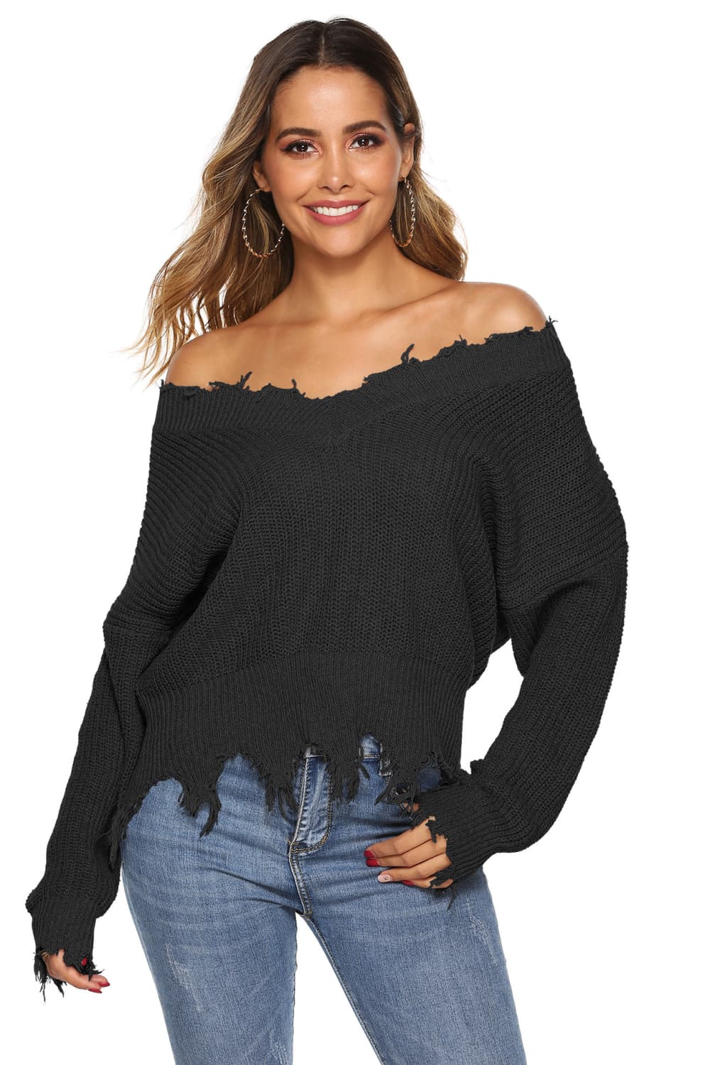 Off-Shoulder Ribbed Long Sleeve Raw Hem Sweater | Casual Polyester Sweater