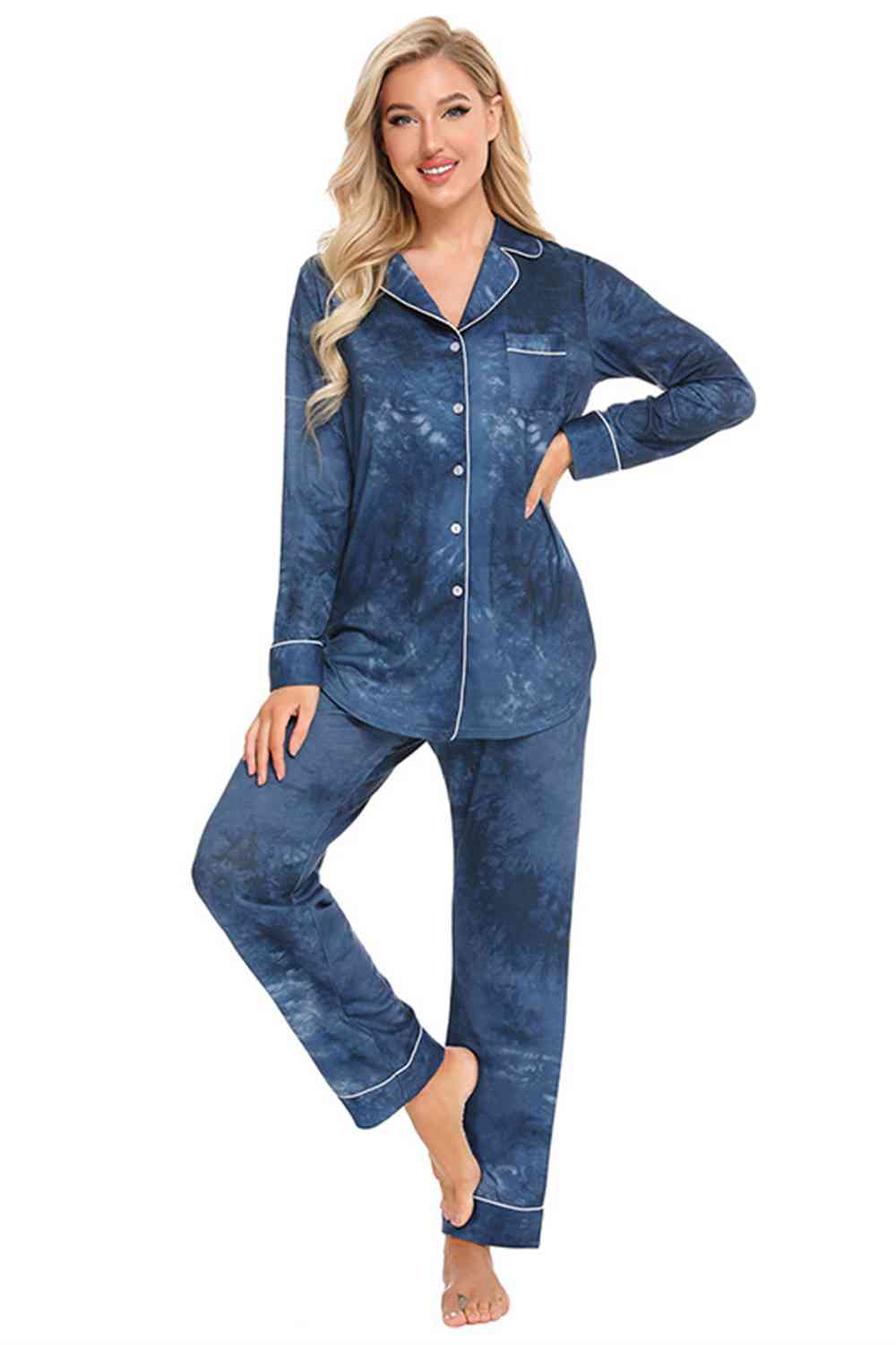 Collared Neck Long Sleeve Loungewear Set with Pockets | Stretchy Nylon Set