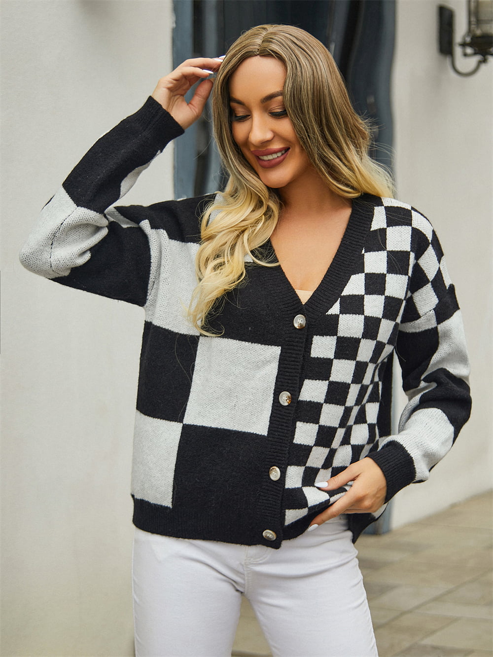 Plaid V-Neck Dropped Shoulder Cardigan | Casual Woman's Cardigan With Buttons