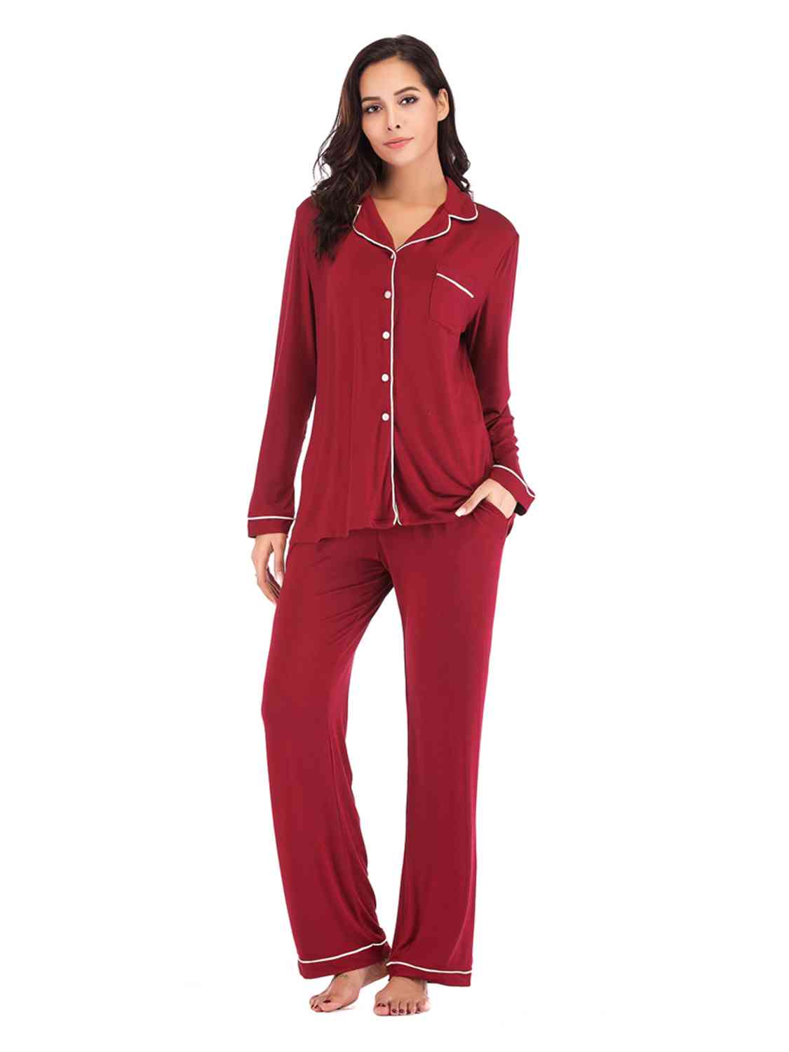 Collared Neck Long Sleeve Loungewear Set with Pockets | Stretchy Nylon Set
