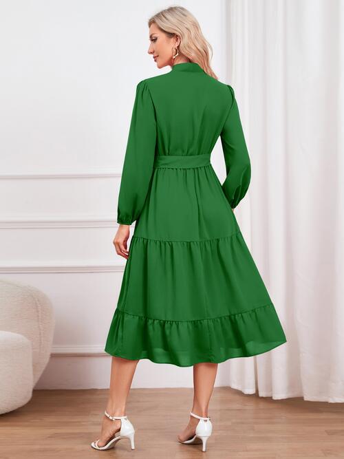 Tie Neck Long Sleeve Tiered Dress | Midi Dress With Waistband & Neck Bow