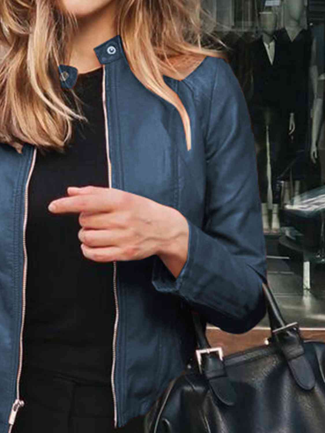Mock Neck Zip Up Jacket | Casual Woman's Solid Polyester Spandex Jacket