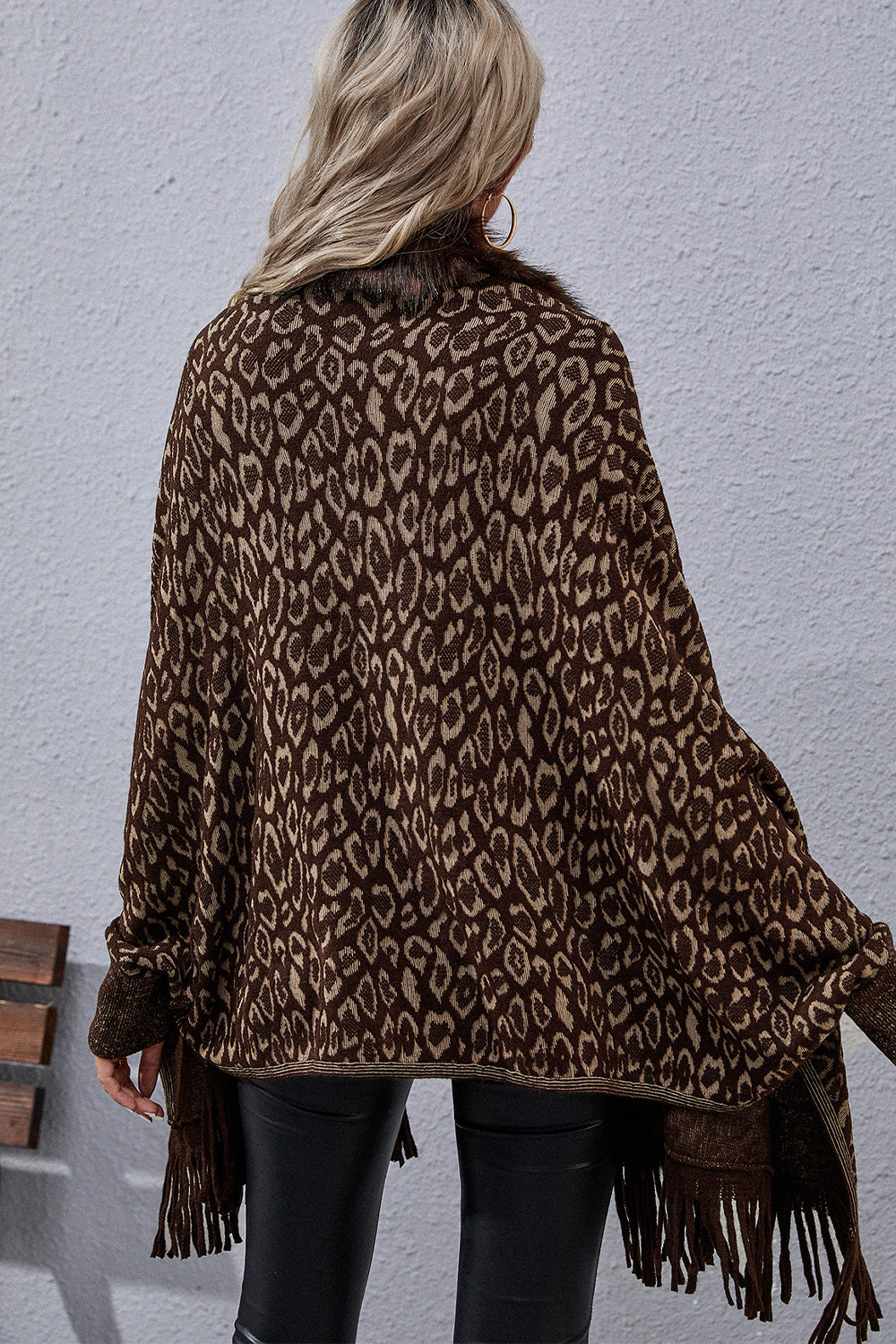 Leopard Fringe Detail Poncho | Faux Fur Trim Acrylic Poncho With Long Sleeves
