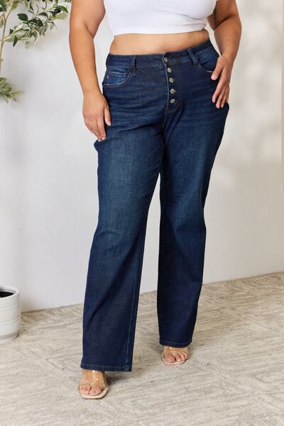 Judy Blue Full Size Button-Fly Straight Jeans | Woman's Cotton Pocketed Jeans