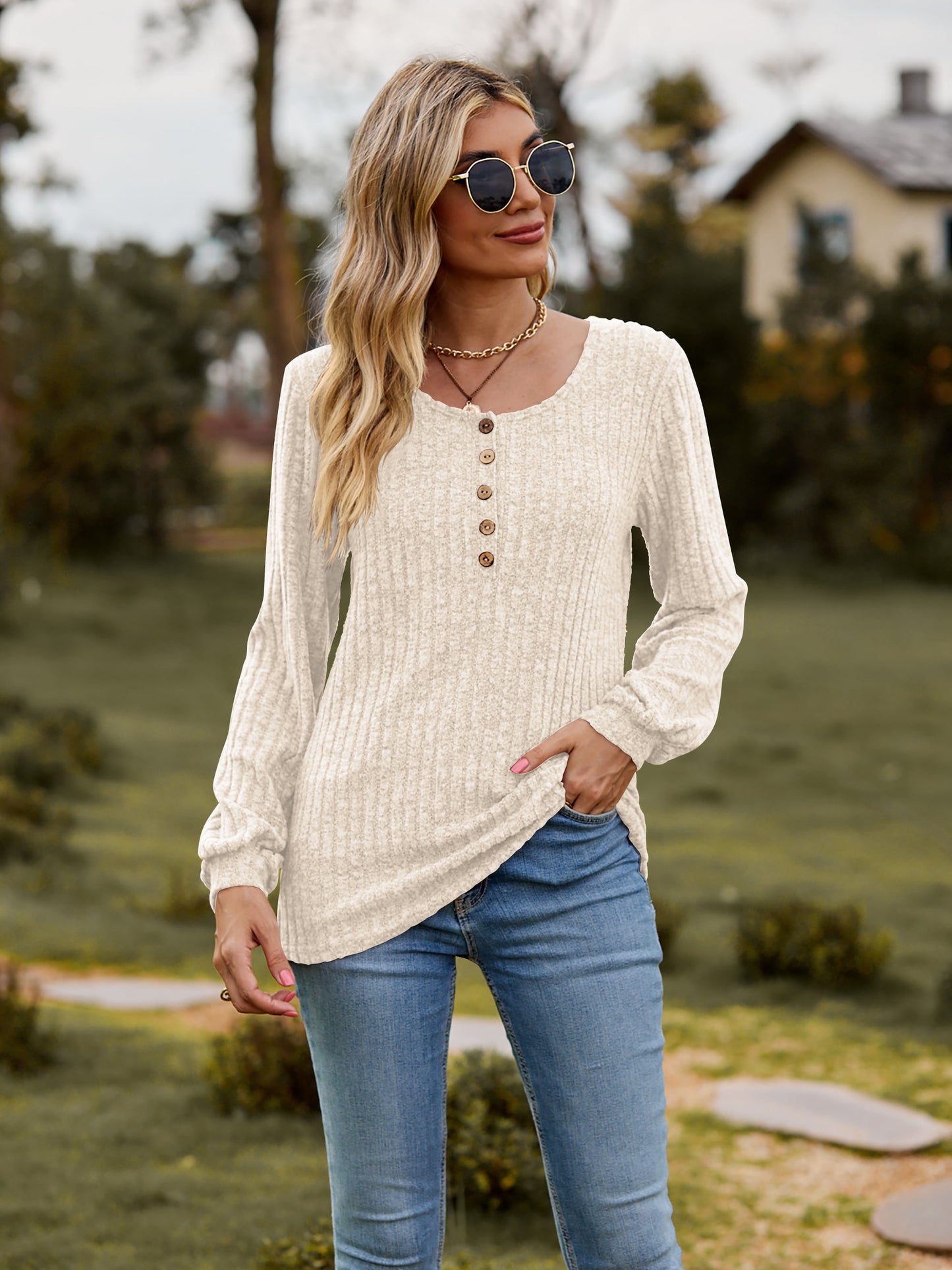 Round Neck Button-Down Long Sleeve Tee | Polyester Tee With Heathered Pattern