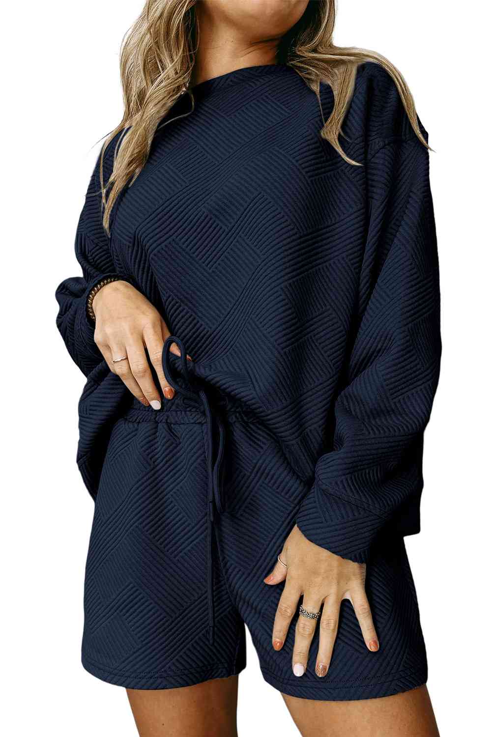 Ribbed Drop Shoulder Sweatshirt and Shorts Set | Casual Set With Pocketed Shorts