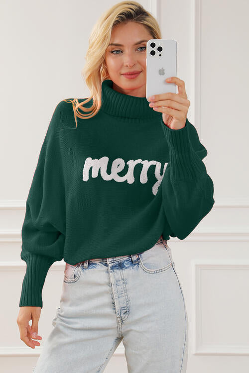 Merry Letter Embroidered High Neck Sweater | Casual Woman's Acrylic Sweater