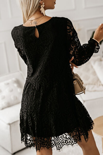 Lace Detail Round Neck Mini Dress | Formal Black Dress With Long Sleeves