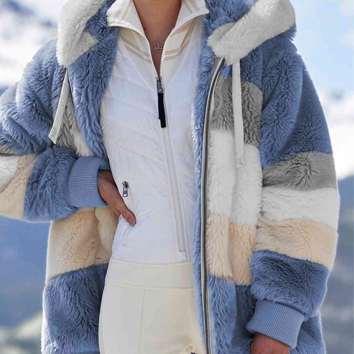 Color Block Zip-Up Hooded Jacket | Pocketed Polyester Jacket With Drawstring