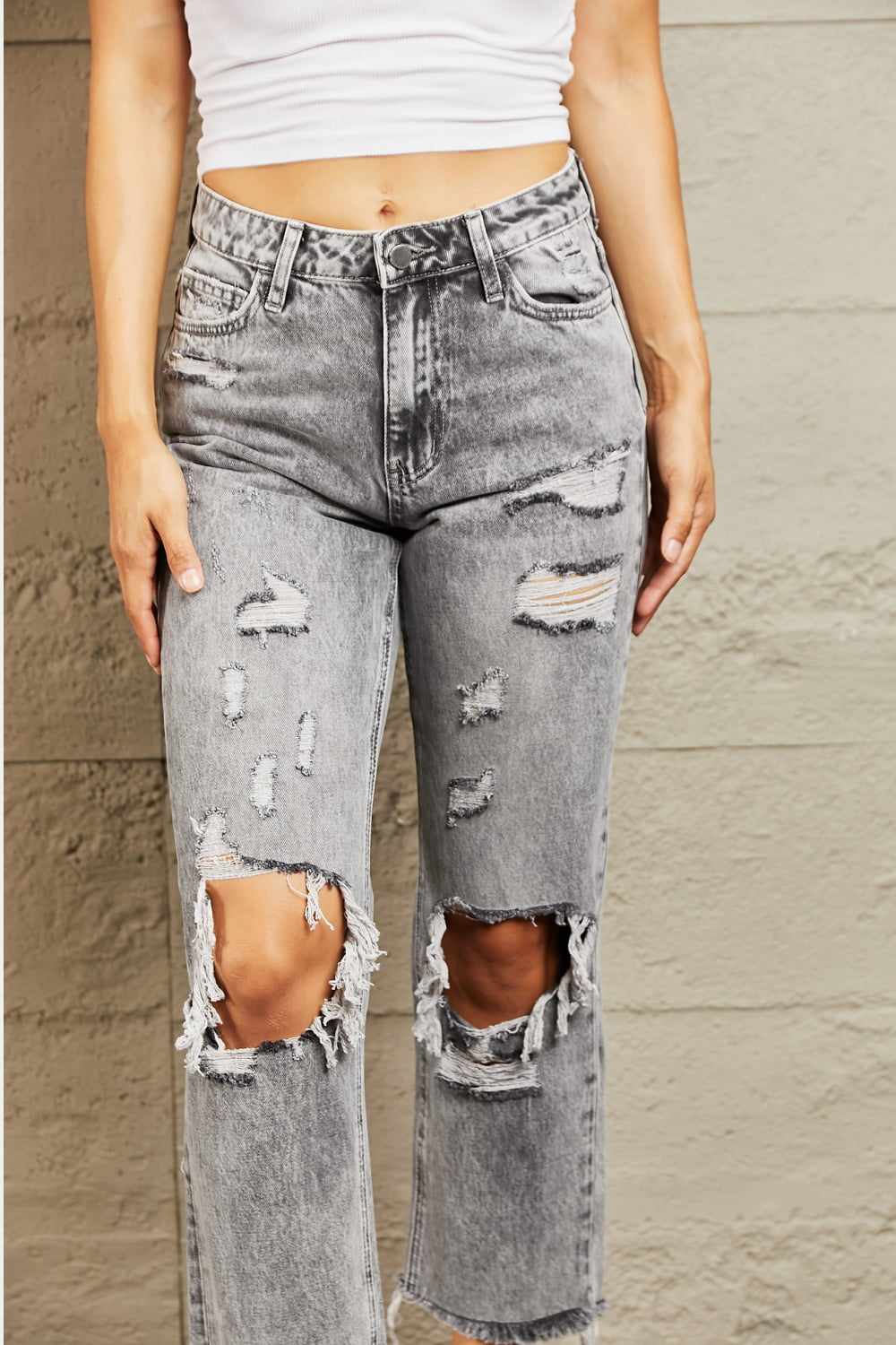 BAYEAS Acid Wash Distressed Straight Jeans | Casual Cropped Cotton Solid Jeans
