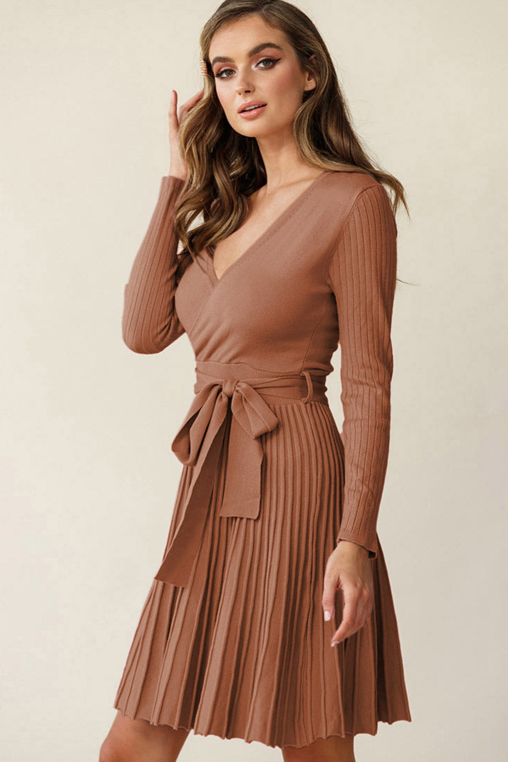 Surplice Neck Tie Waist Pleated Dress | Solid Viscose Dress With Long Sleeves