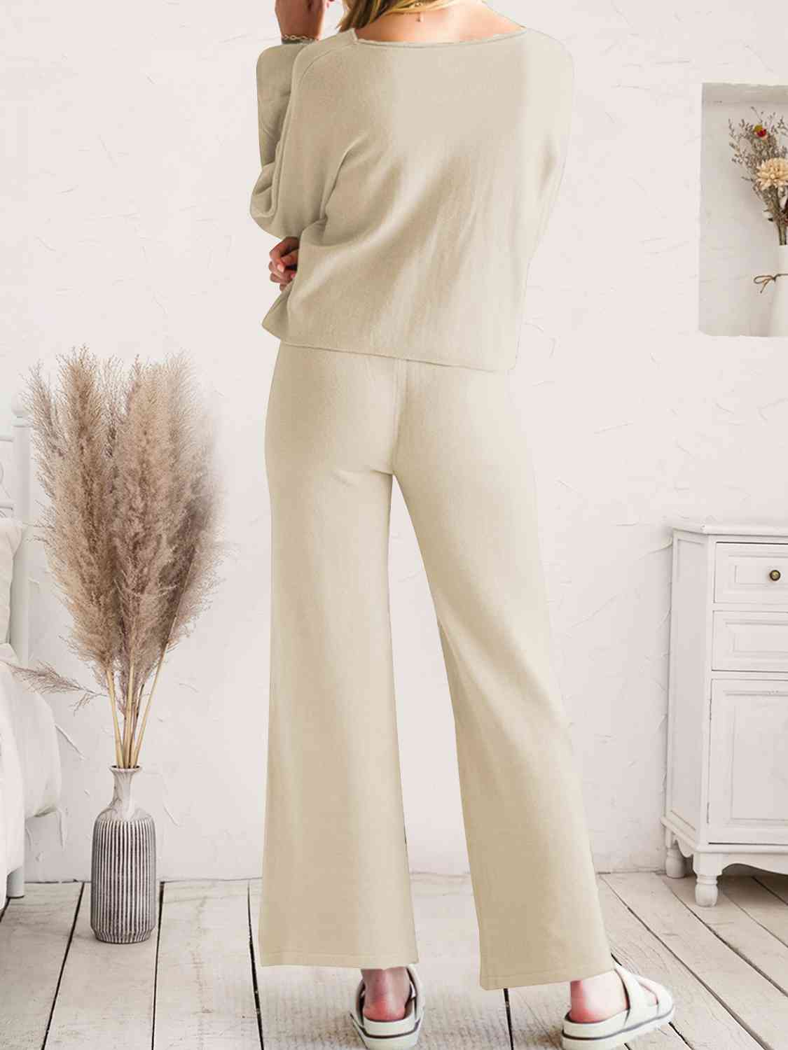 Long Sleeve Lounge Top and Drawstring Pants Set | Solid Acrylic Night Set