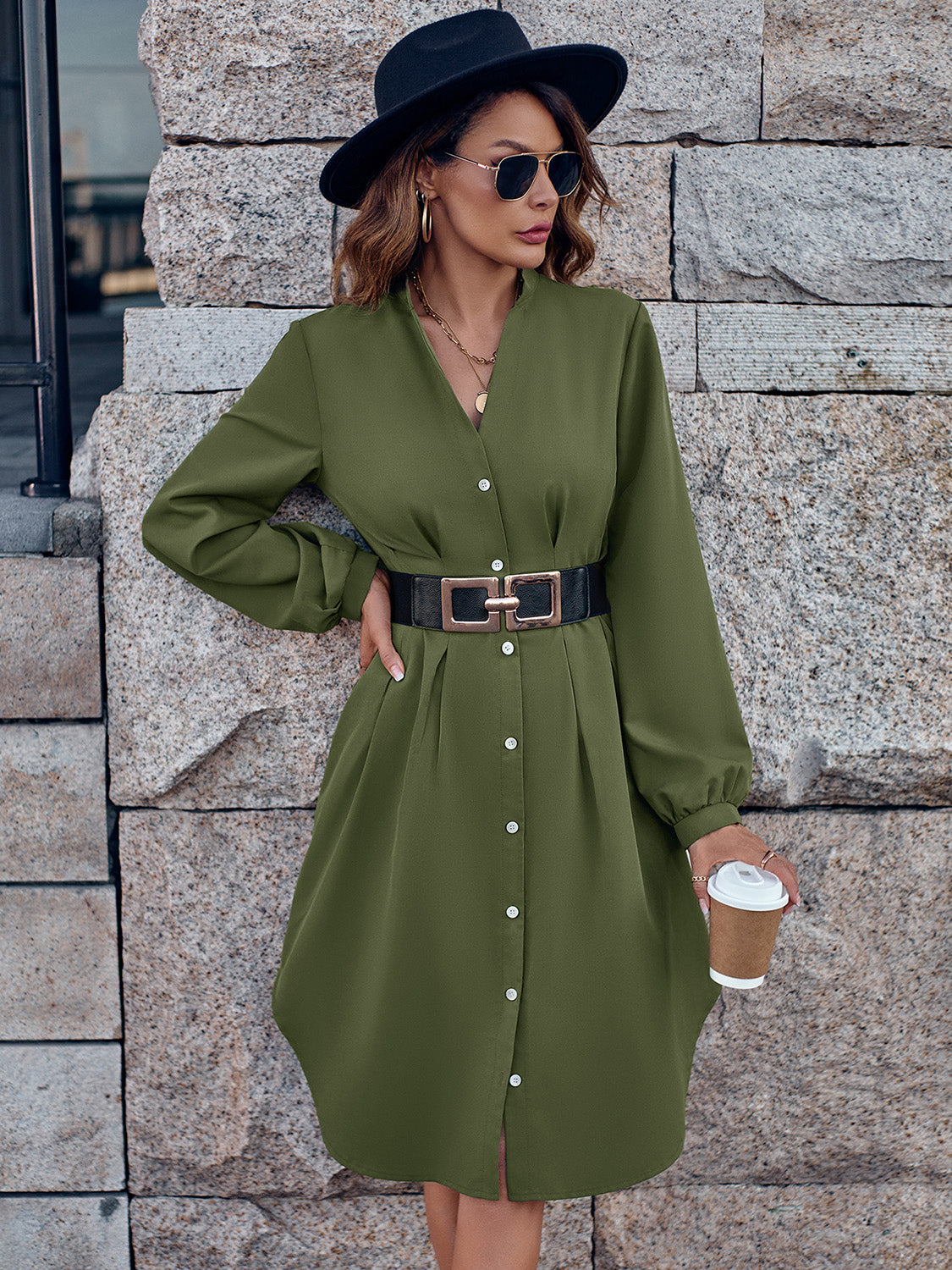 Notched Neck Long Sleeve Dress | Casual Polyester Dress With Button Closure